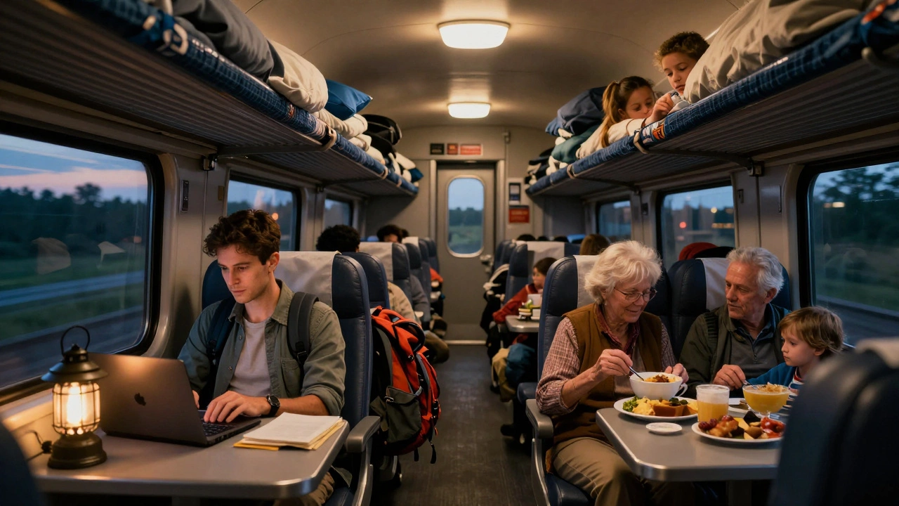 Diverse passengers relax in an Amtrak sleeper lounge at dusk, reading, working, and sleeping as the landscape passes by.
