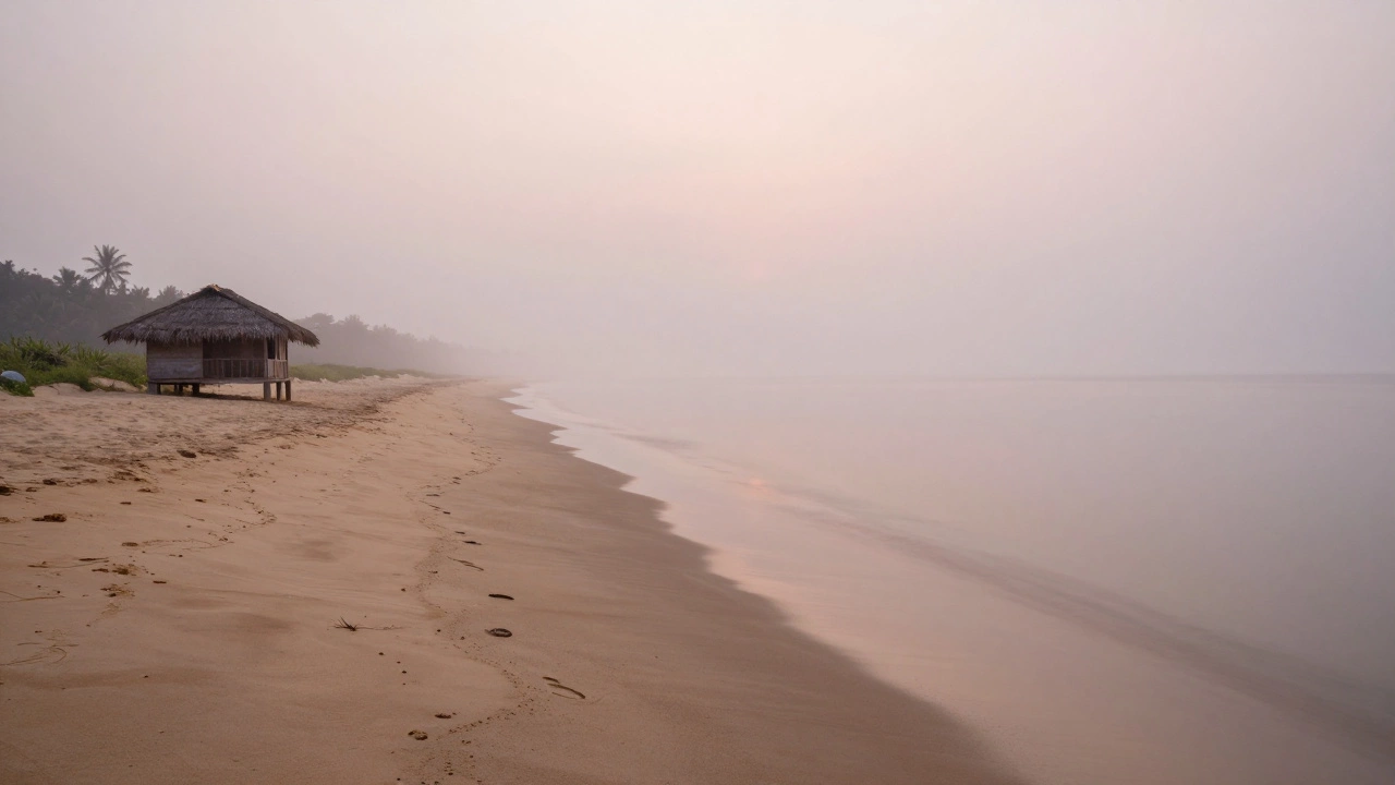 Empty Marari Beach at dawn with a lone cottage and misty calm waters.