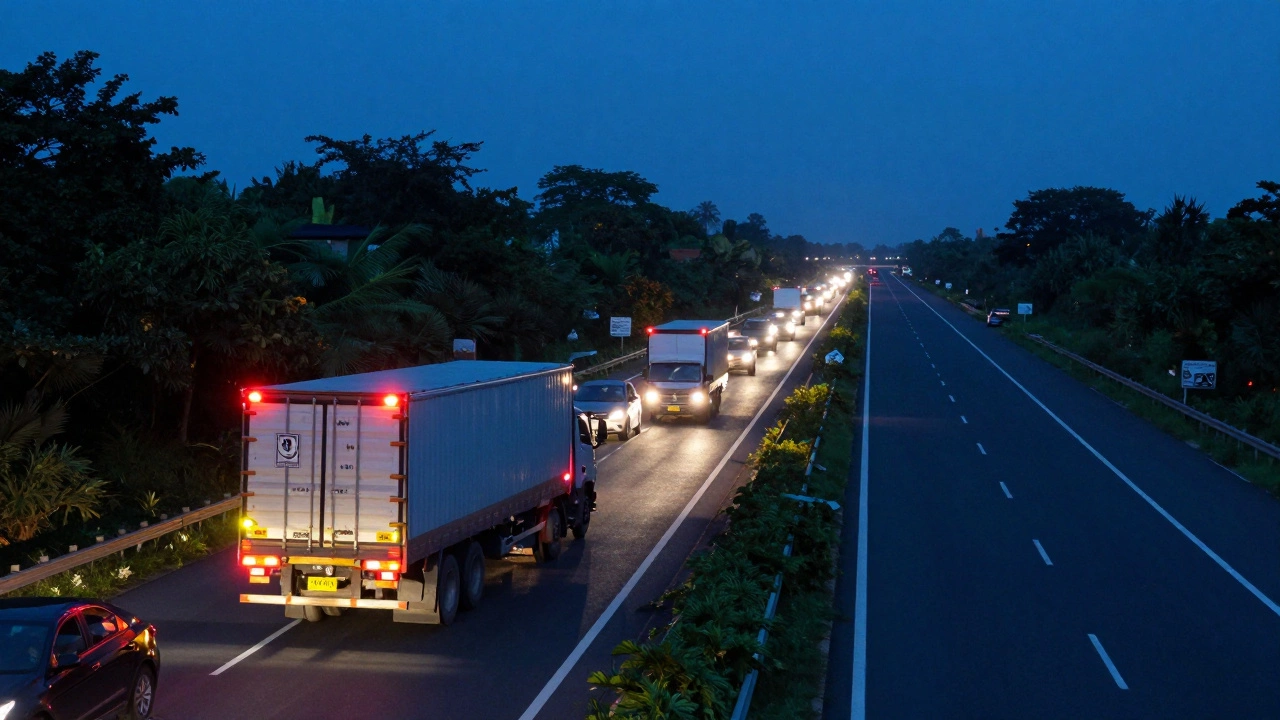 Heavy truck collision on North Indian highway vs smooth traffic on Kerala's well-maintained road.