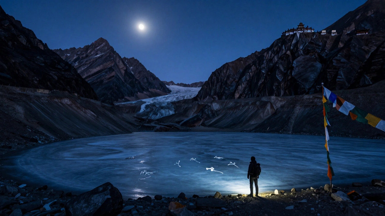 Moonlit glacial lake at Roopkund with faint skeletal remains and ancient temples silhouetted against the peaks.