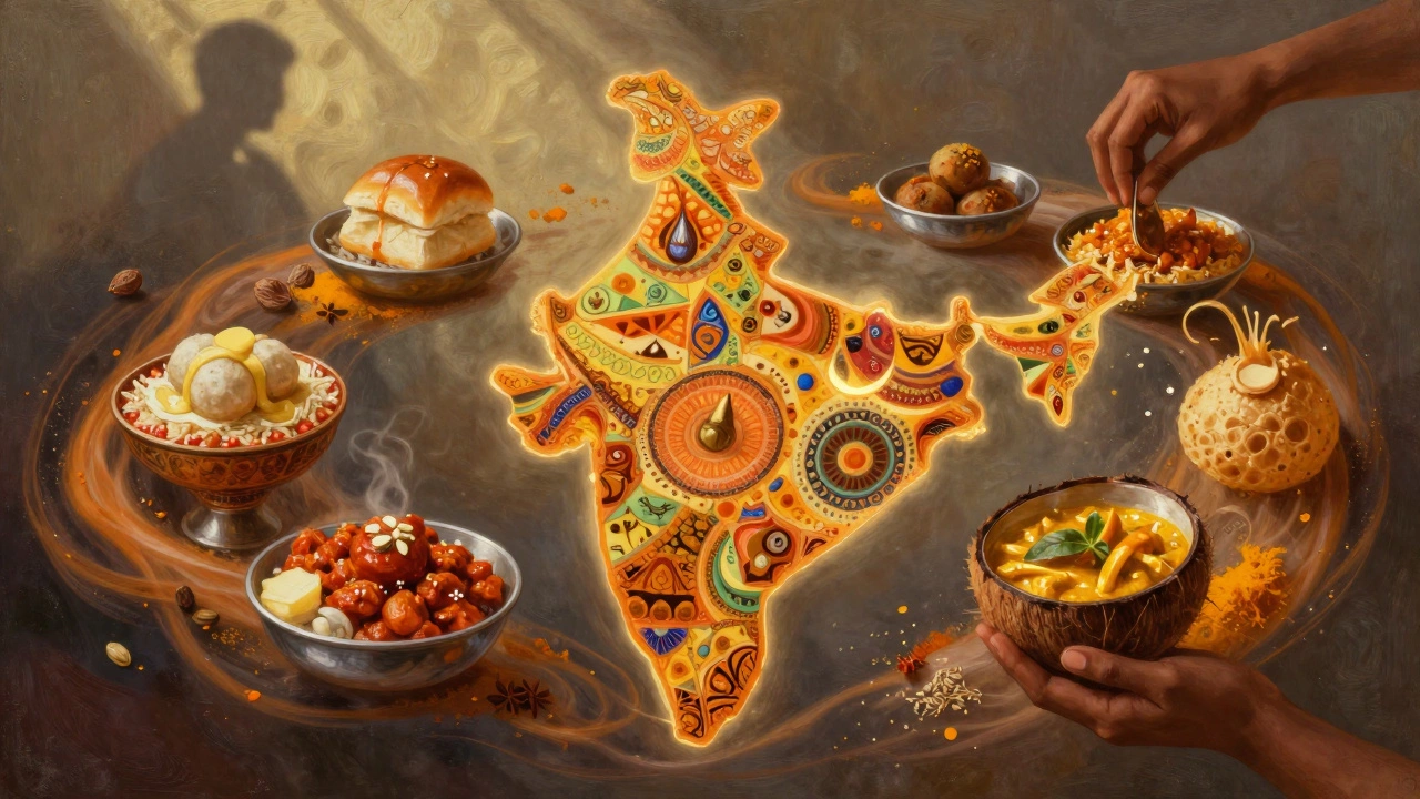 Mosaic of regional Indian dishes floating above a map of India with swirling spices