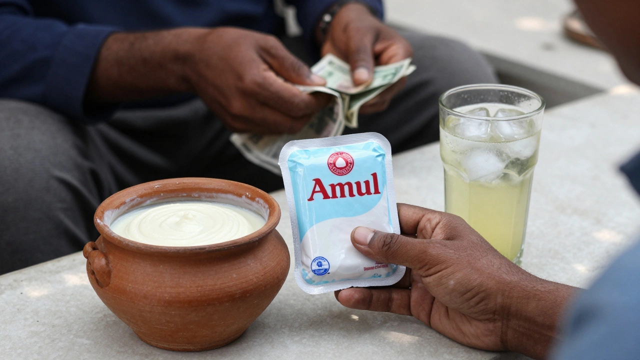Sealed yogurt packet beside unbranded yogurt and iced drink on a sunlit counter