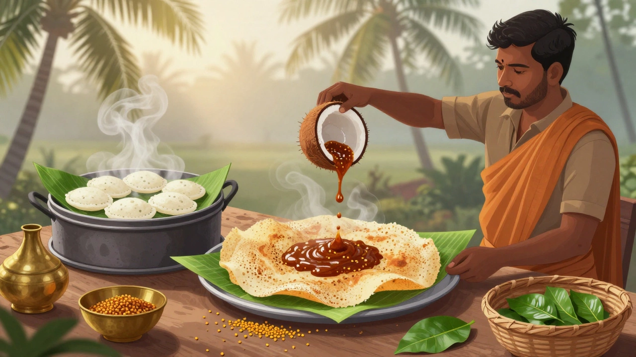 South Indian street vendor preparing dosa with coconut chutney at sunrise