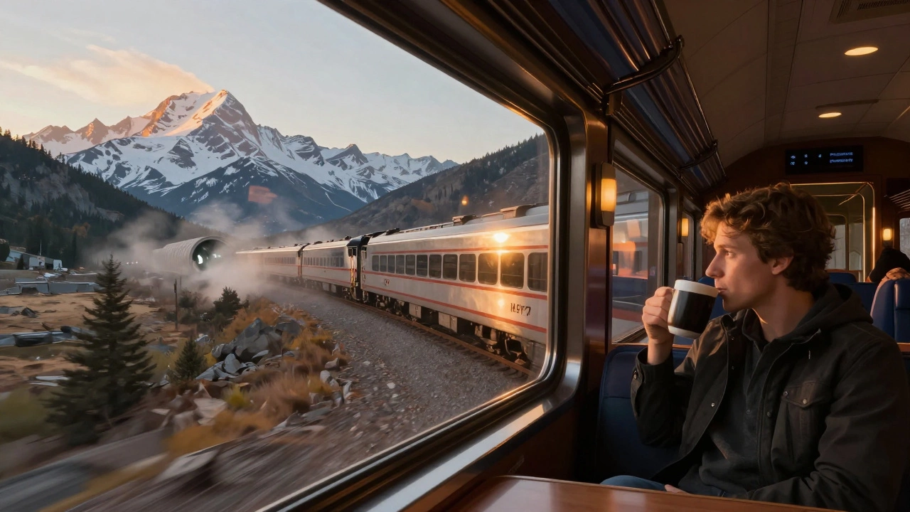 The California Zephyr train winds through the Rocky Mountains at sunrise, sunlight streaming through panoramic windows.