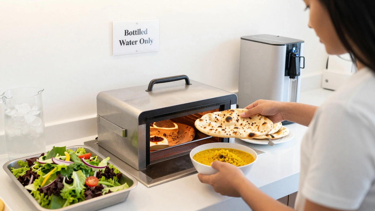 Traveler choosing safe hot food at hotel buffet while avoiding salad and ice