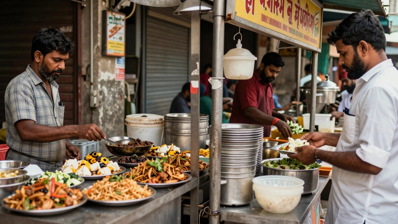 Unhygienic Delhi street food stall versus clean Chennai food stall under inspection.