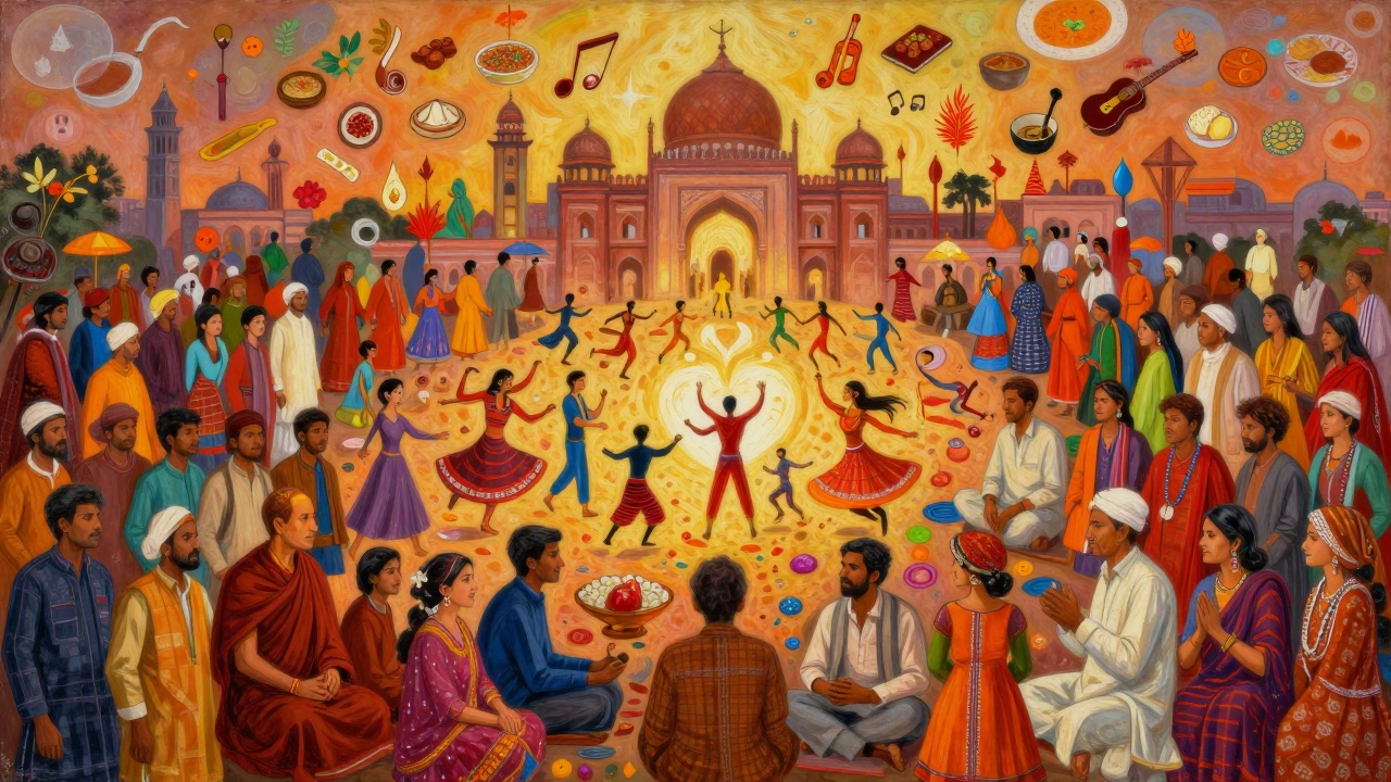 A vibrant mosaic of Indian cultures intertwined in Delhi, symbolizing unity through diversity.