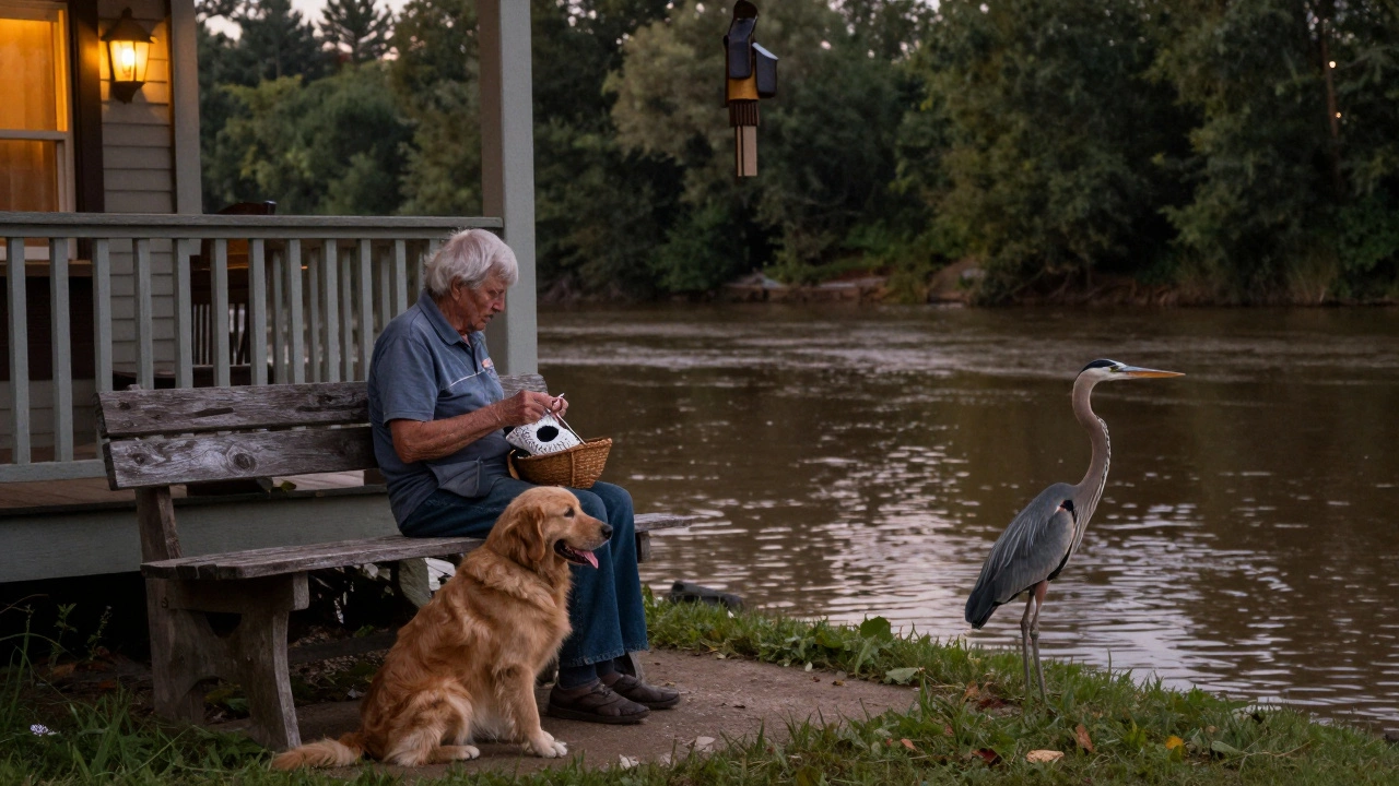 An elderly woman and her dog on a riverside bench at dusk, watching a heron by the French Broad River.