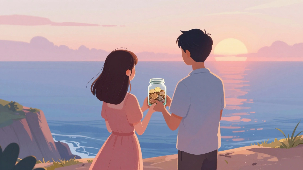 Couple holding savings jar overlooking ocean sunset.