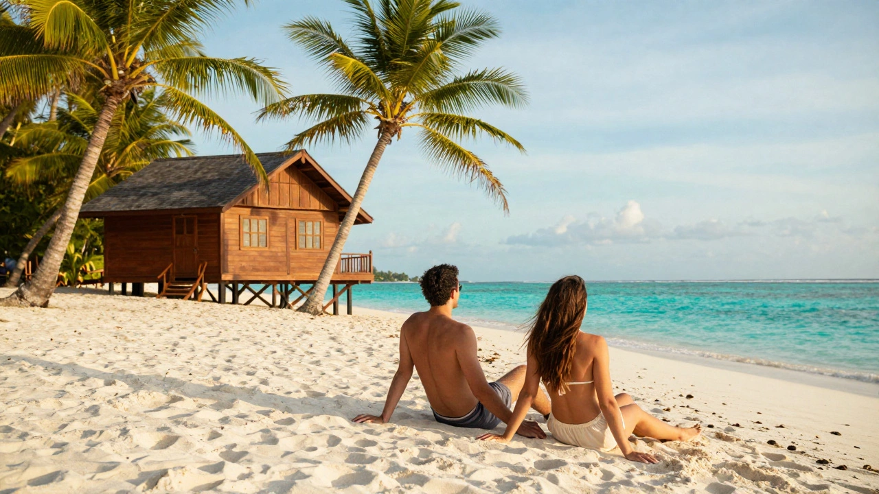 Couple relaxing on tropical beach near wooden bungalow.