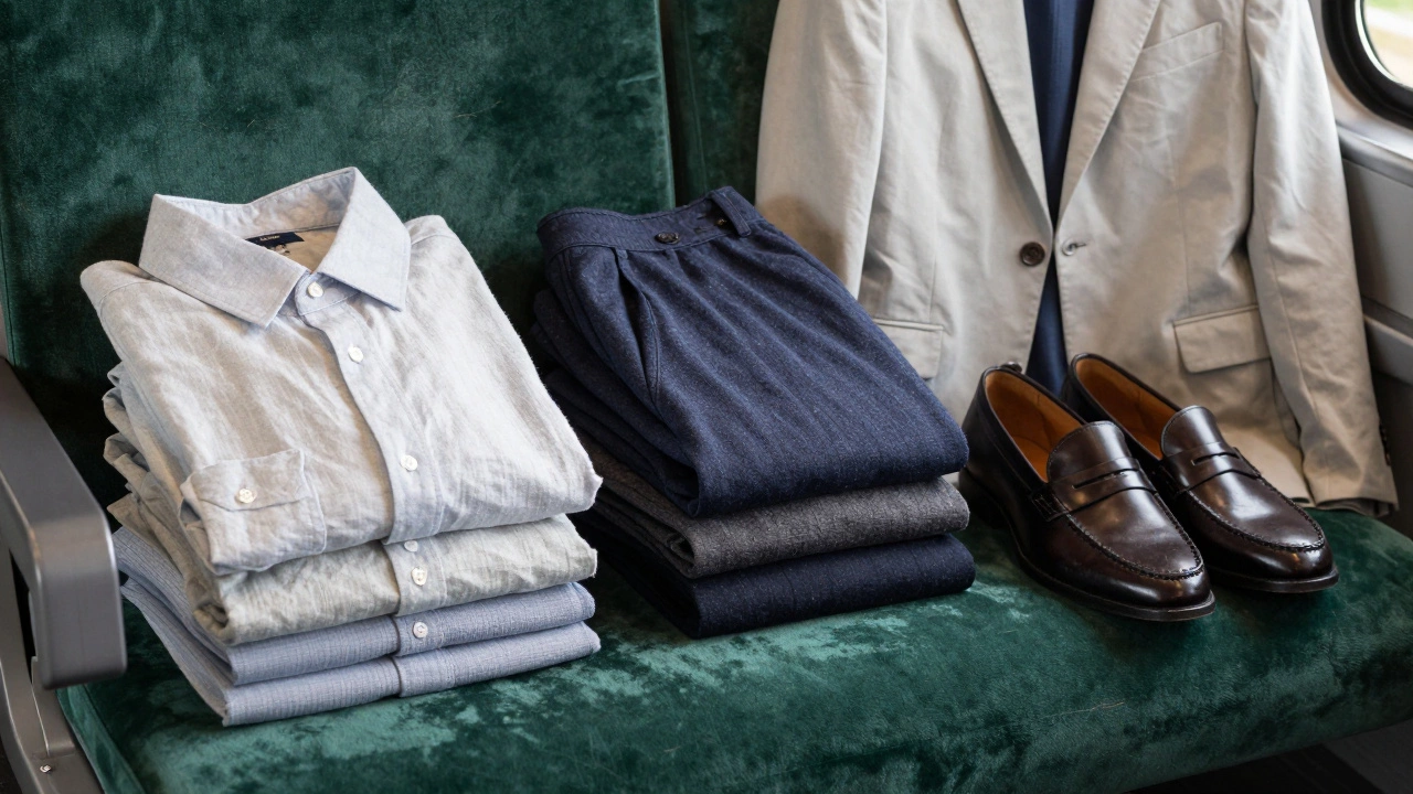 Folded linen and wool clothing with leather shoes on velvet train seat
