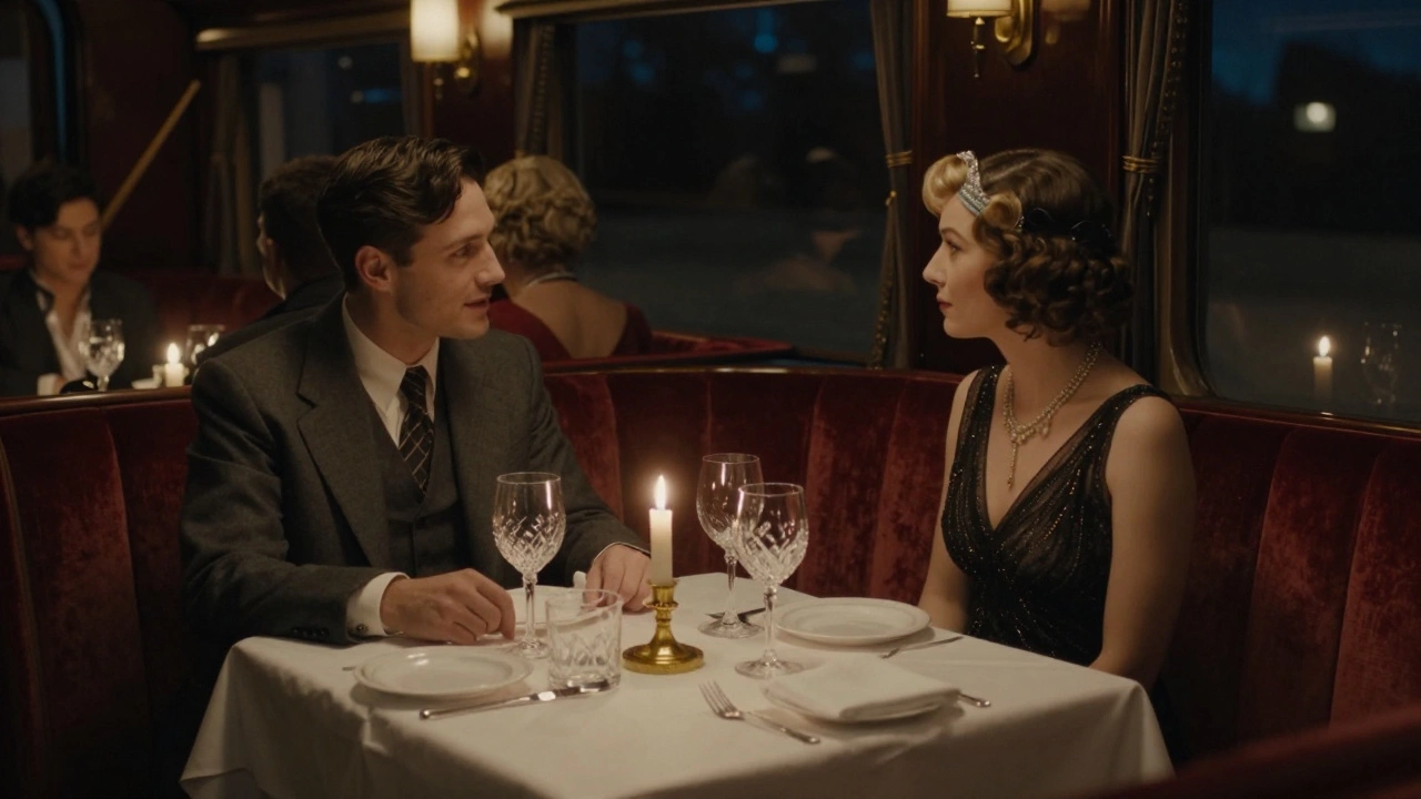 Guests in formal evening attire dining in ornate luxury train carriage