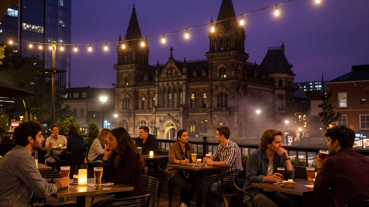 Nighttime city scene with outdoor cafe and lights