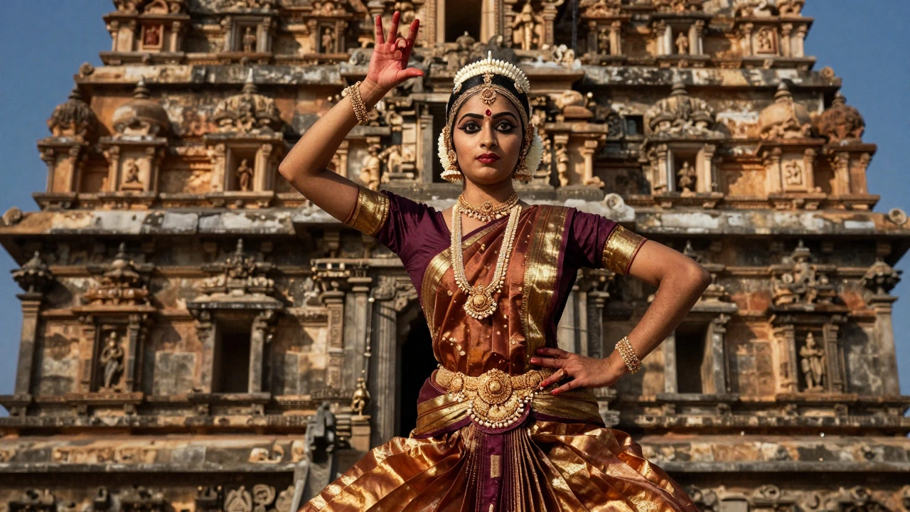 A Bharatanatyam dancer in a Kanchipuram silk saree before the Brihadisvara Temple