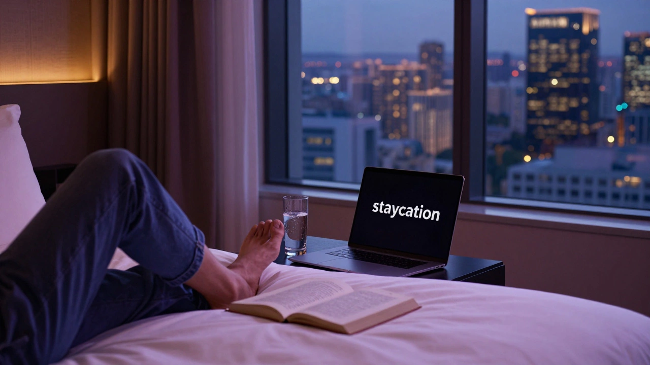 A person relaxing in a boutique hotel room overlooking a city skyline at twilight.