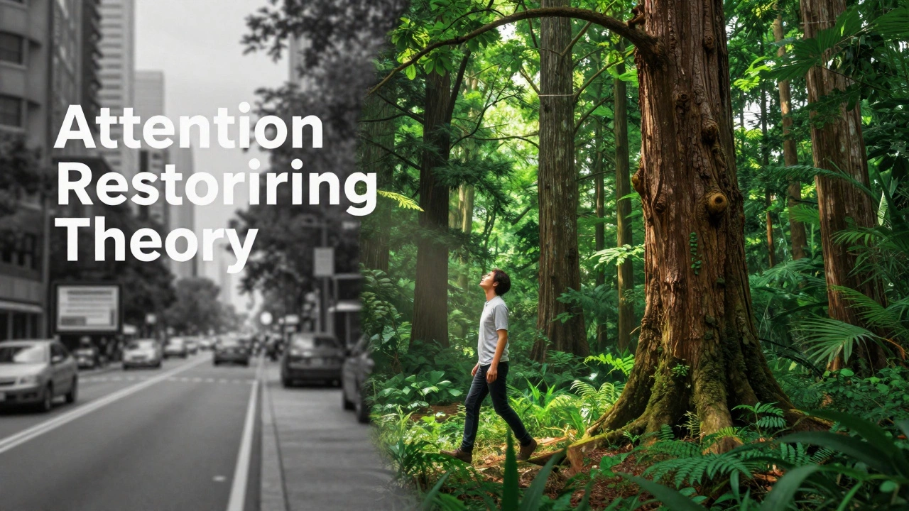 A person stepping from a gray urban city into a vibrant, lush green forest.