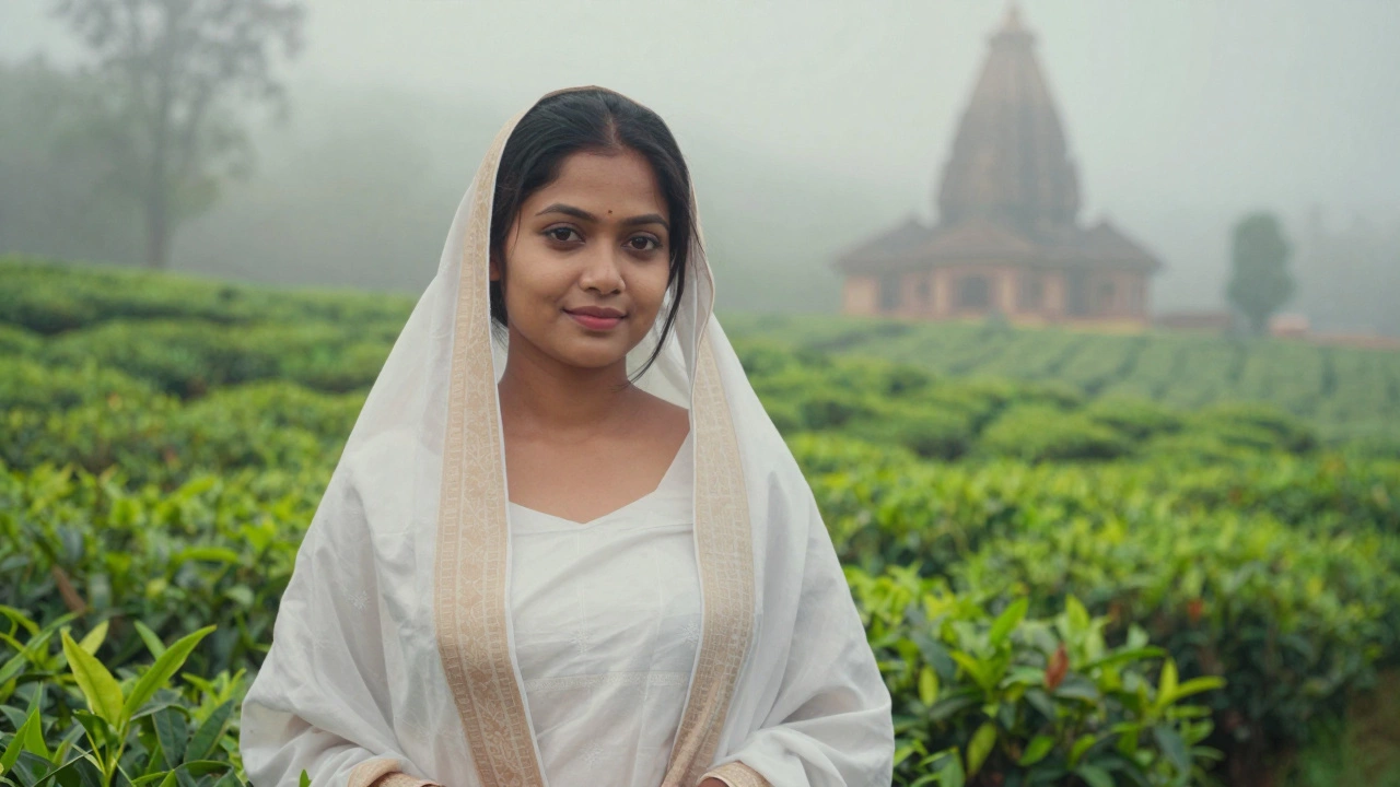 An Assamese woman in a traditional Mekhela Chador among lush green tea gardens