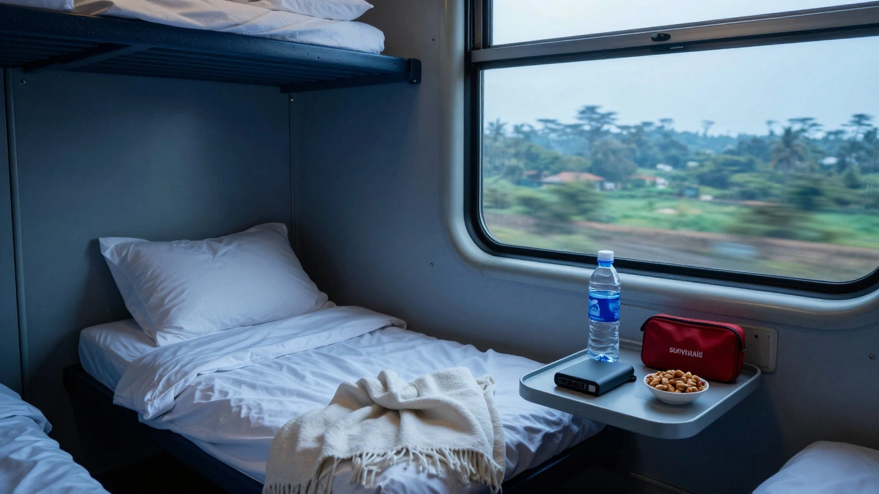 Comfortable interior of a 2nd AC train berth with travel essentials for a long journey