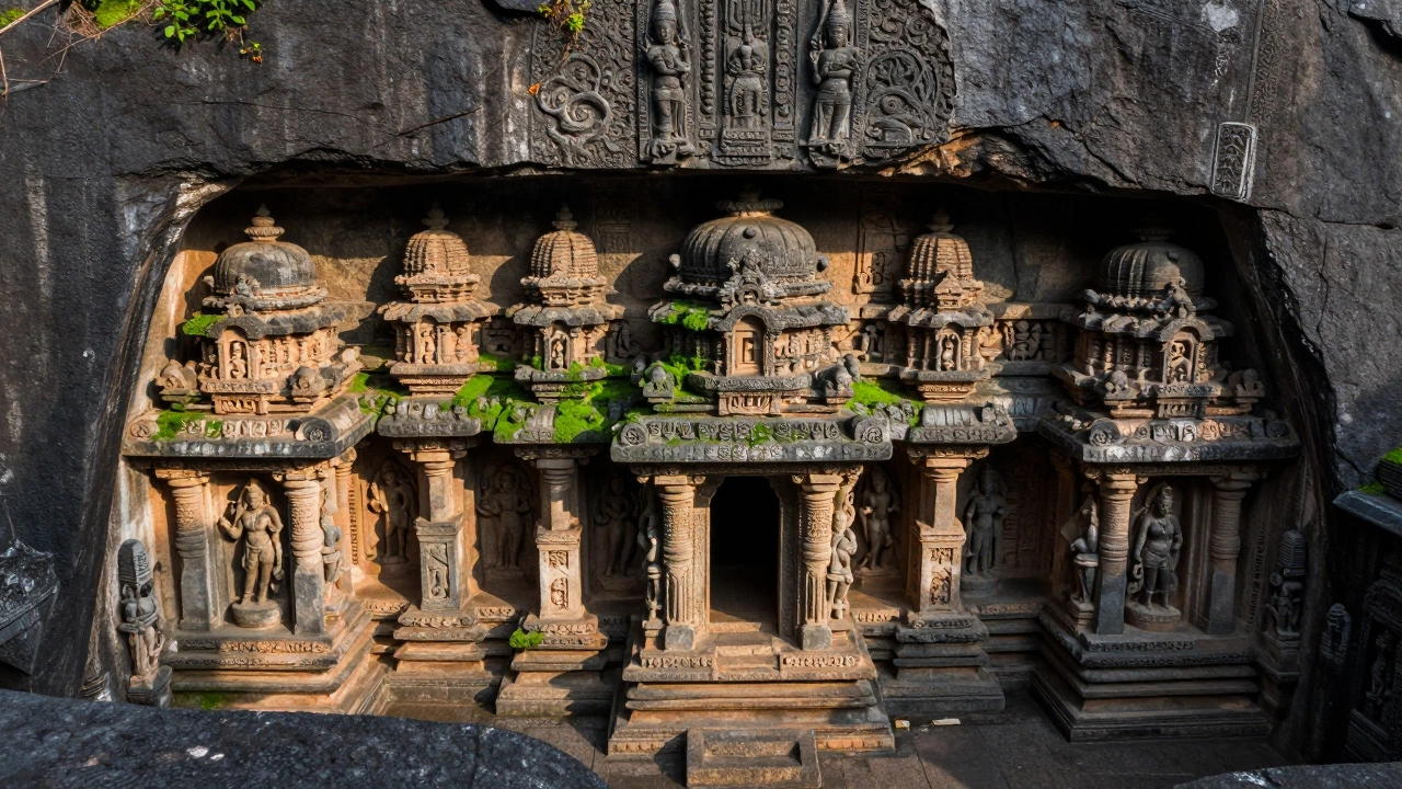 High-angle view of the monolithic Kailasa Temple carved from a single rock