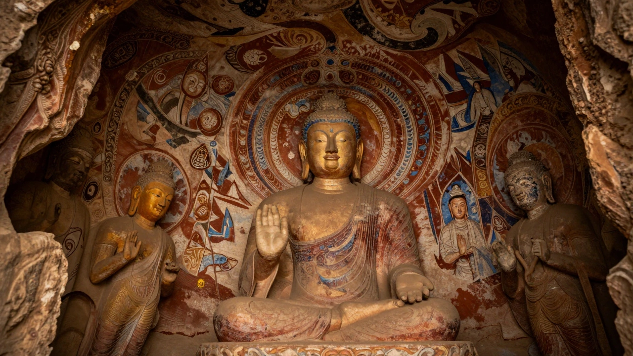 Interior of the Ajanta Caves showing ancient Buddhist frescoes and rock-cut sculptures.