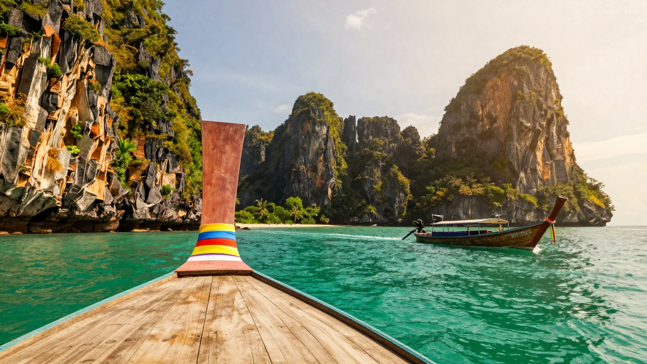 Long-tail boat cruising past limestone cliffs in Phang Nga Bay, Thailand