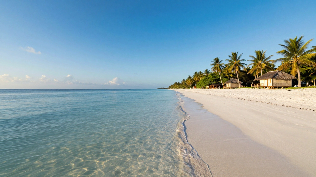 Pristine white beach and palm trees on the isolated Bangaram Island