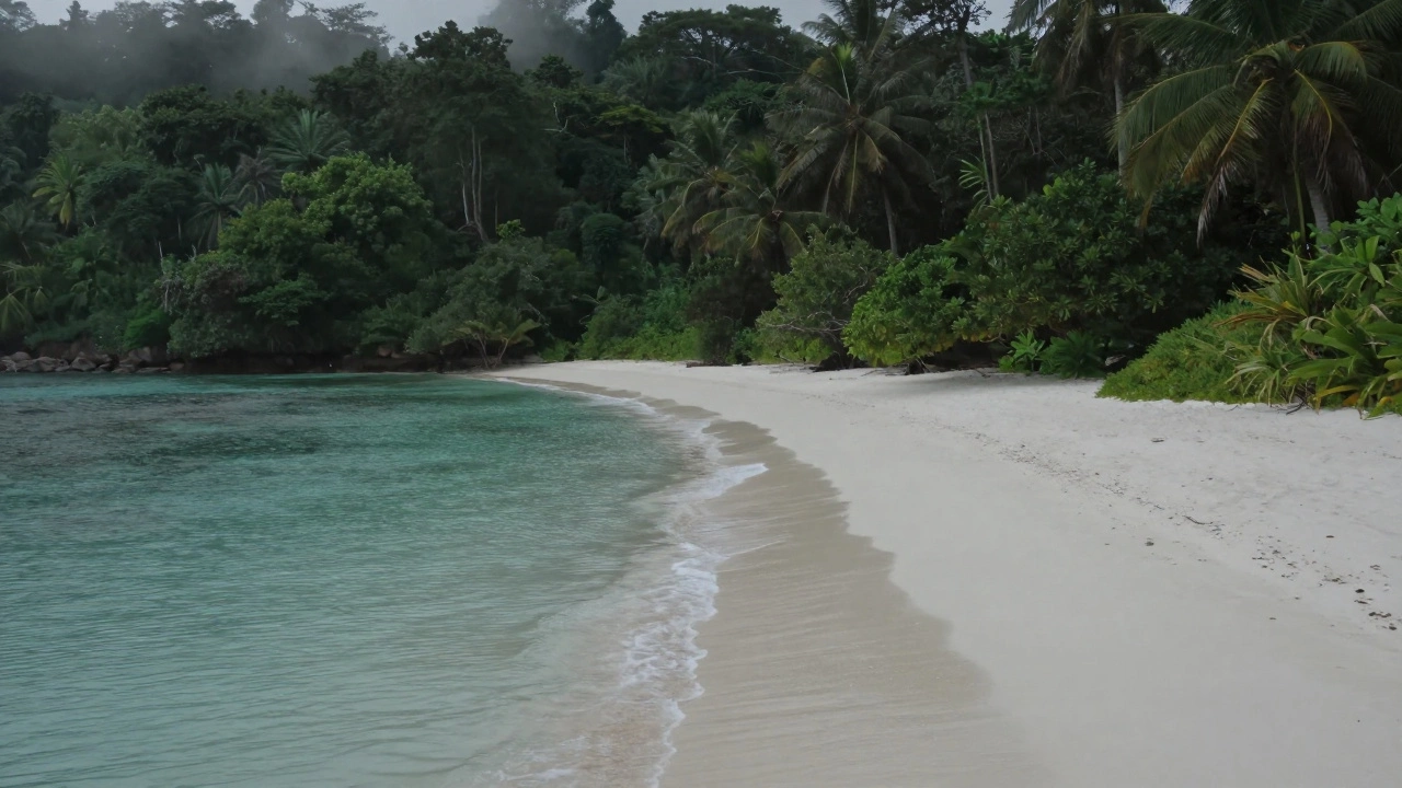 Pristine white sand beach surrounded by lush green forests in the Andaman Islands
