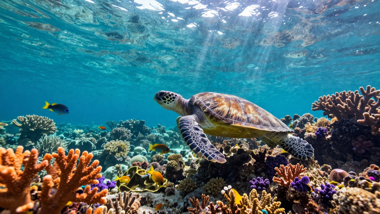 Sea turtle swimming among colorful coral reefs in Kadmat Island