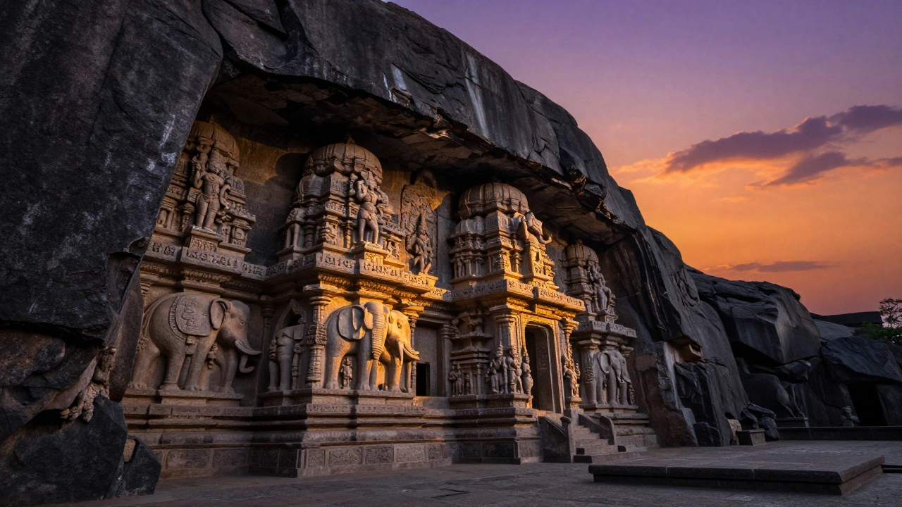The monolithic Kailasa Temple at Ellora carved from a single basalt cliff at sunset.