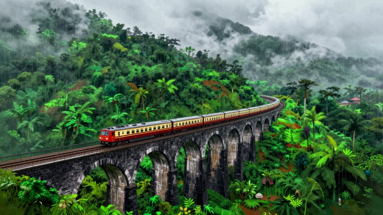 Train crossing a viaduct through the lush neon green forests of the Konkan Railway in monsoon