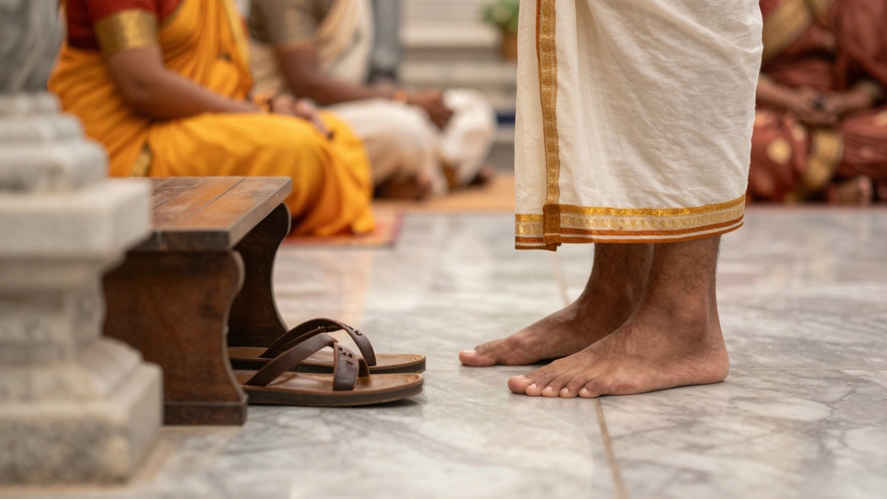 Bare feet entering temple after removing shoes on marble floor