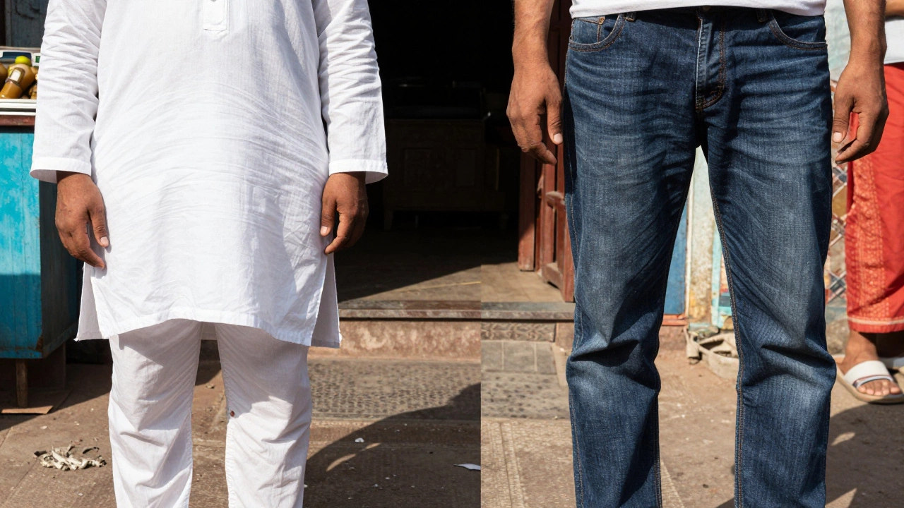 Comparison of traditional cotton attire versus heavy denim jeans