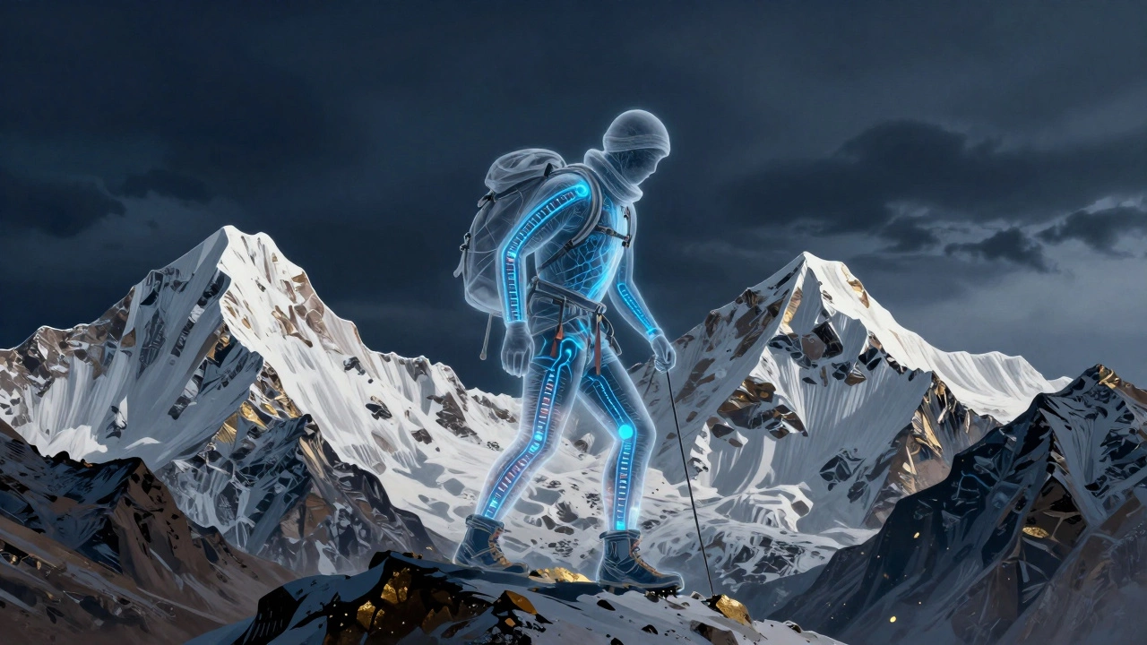 Conceptual art showing Sherpa genetic adaptation merging with Himalayan peaks