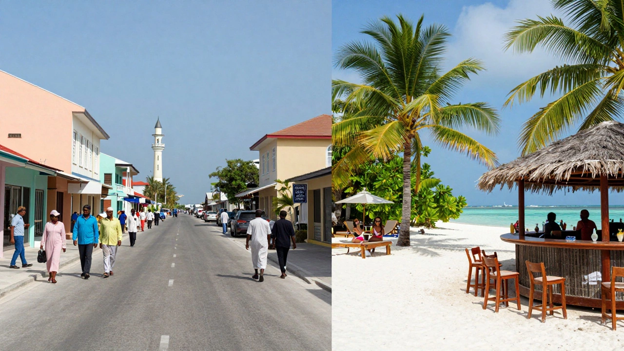Contrast between Malé city streets and luxury resort island
