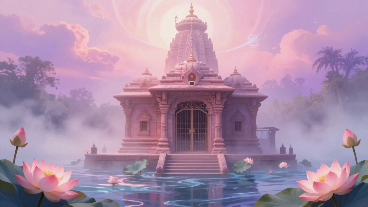 Ethereal artistic depiction of Kamakhya Temple closed during Ambubachi Mela festival.
