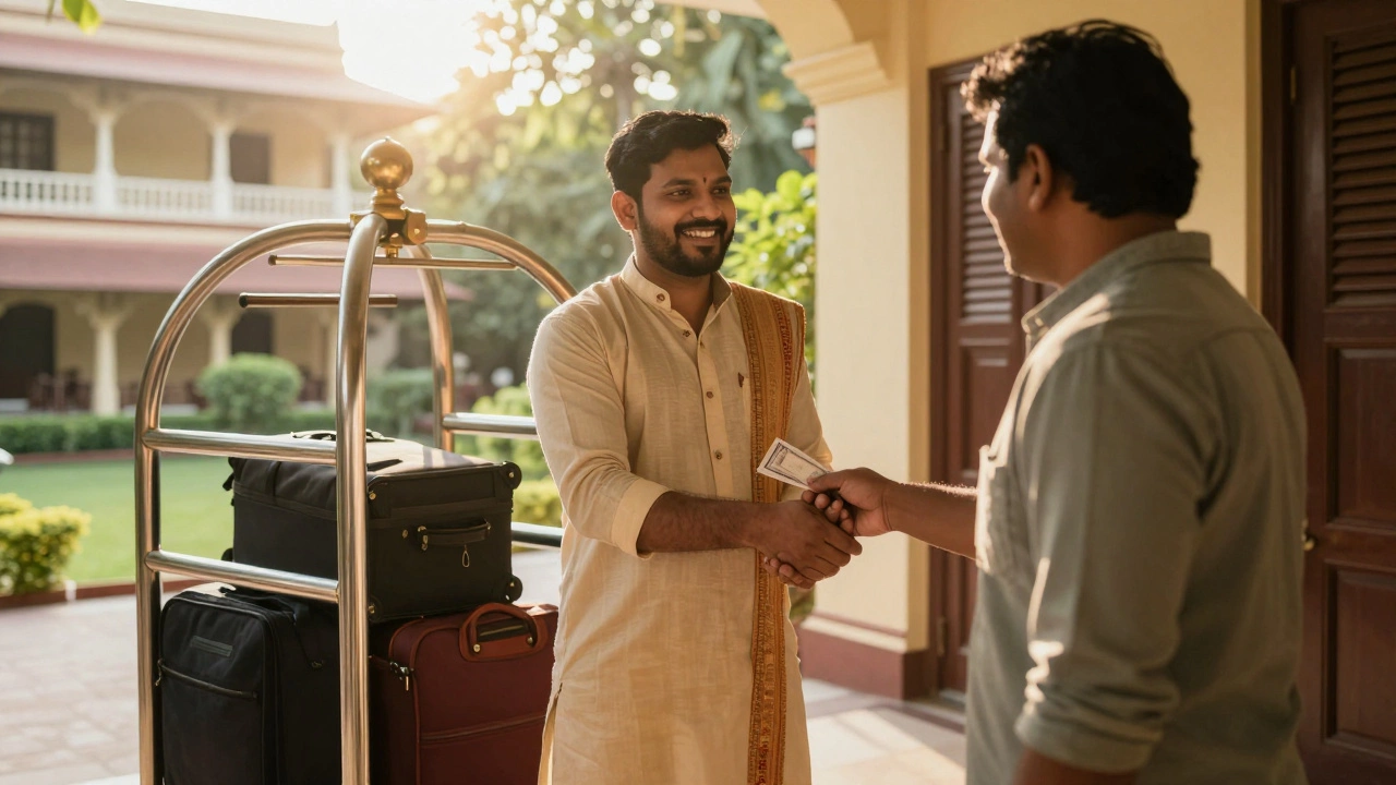 Hotel porter receiving a cash tip from a tourist at a heritage hotel entrance.