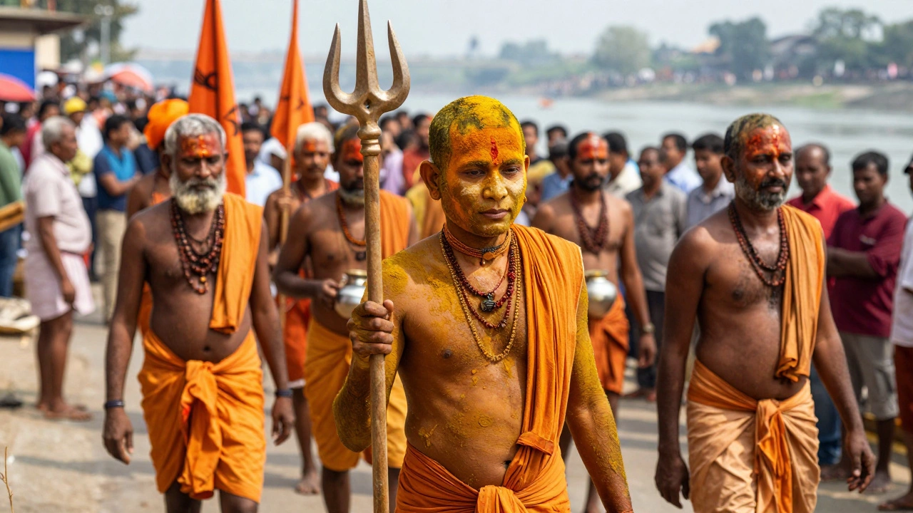 Naga Sadhus covered in ash march with tridents towards the river for the royal bathing ceremony.