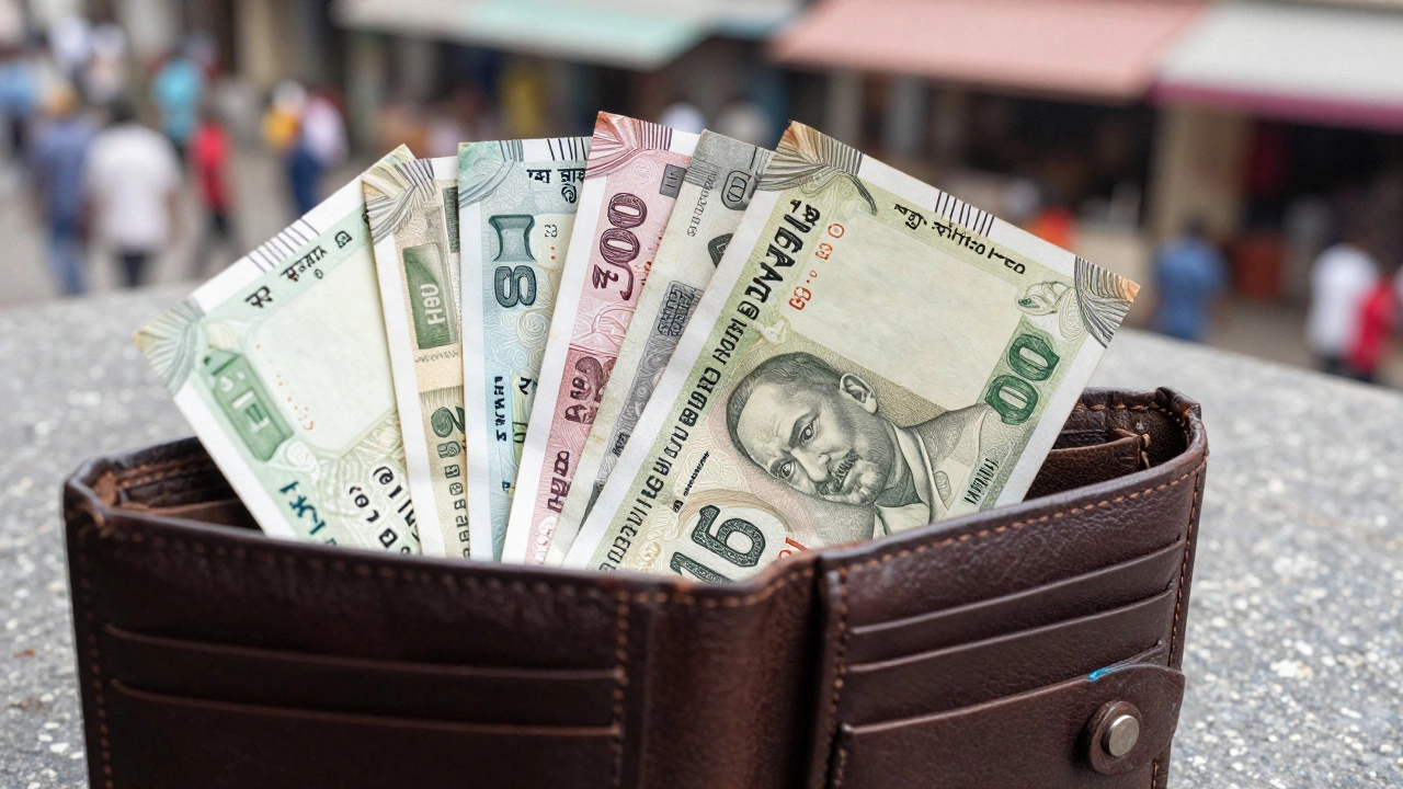 Open wallet showing crisp small denomination Indian currency notes close up.