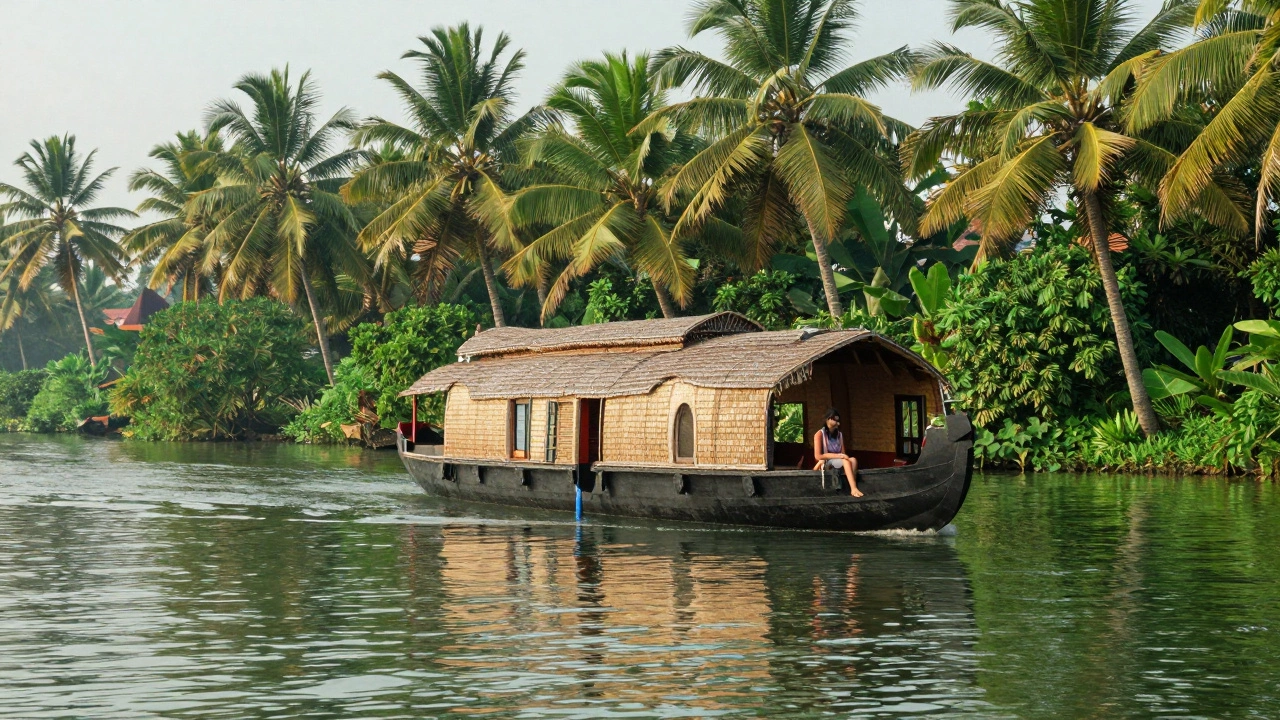 Peaceful houseboat on Kerala backwaters with a solo traveler relaxing.