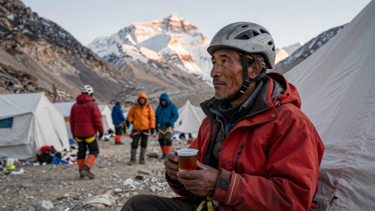 Portrait of a Sherpa guide resting at Everest Base Camp with mountain view