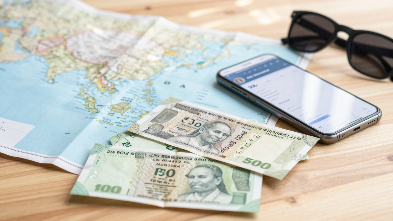 Rupee notes, map, and phone on a table symbolizing budget travel planning for Goa
