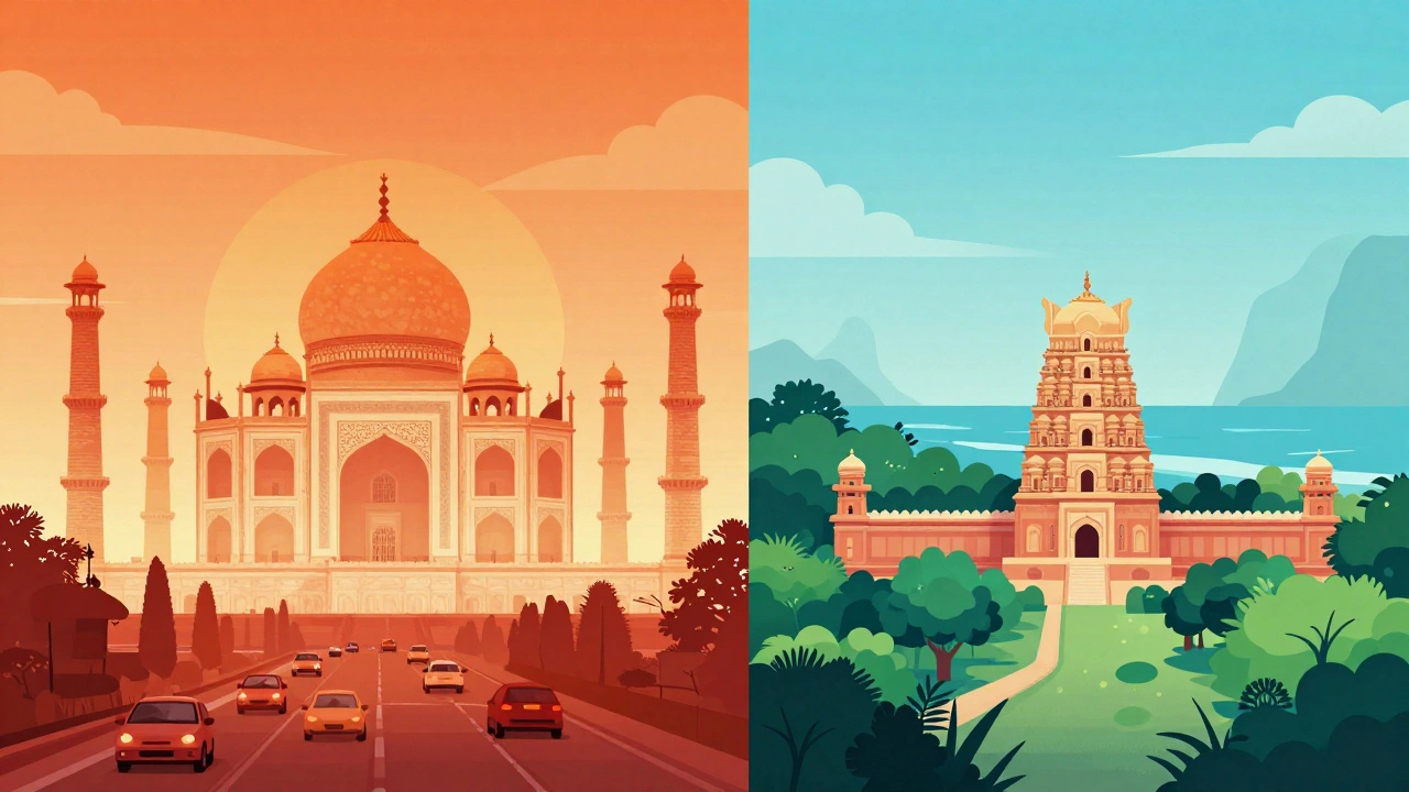 Split concept art comparing the energetic North and tranquil South of India.