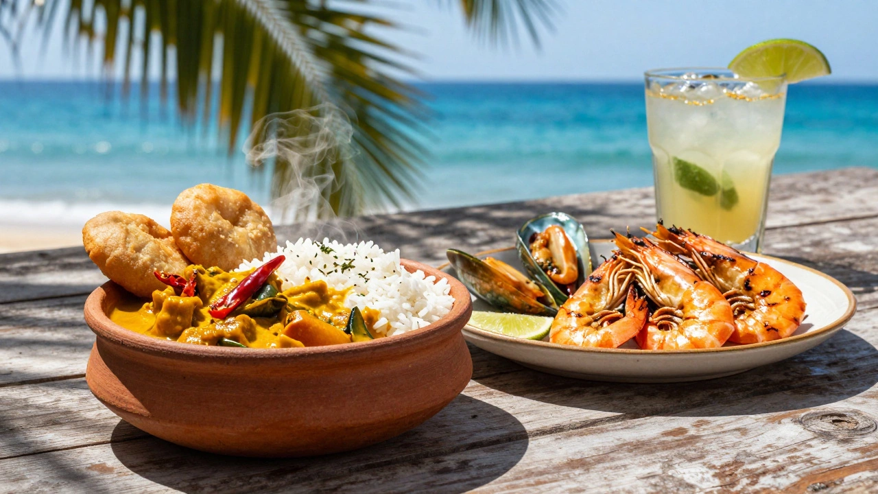 Split plate showing budget fish curry and luxury seafood dish on a seaside table.