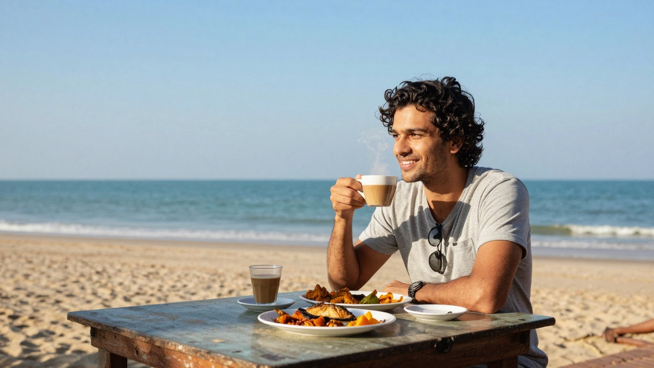 Traveler enjoying coffee and local food on a sunny Goa beach in shoulder season
