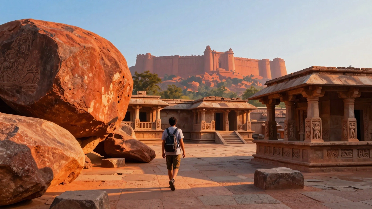 Traveler exploring ancient Hampi ruins and temples in golden sunlight