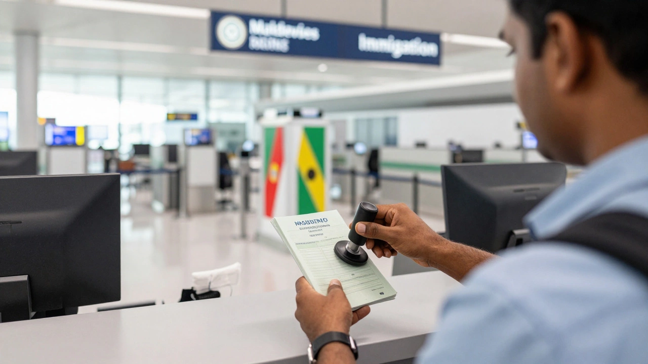 Traveler getting visa stamped at Maldives immigration
