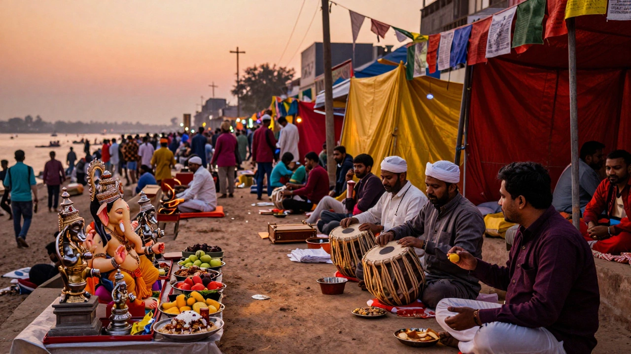 Vendors sell idols and food while musicians play in the bustling temporary city of the Kumbh Mela.