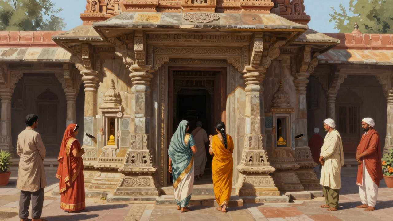 Vindhyavasini Temple exterior showing women entering while men wait in the outer courtyard.