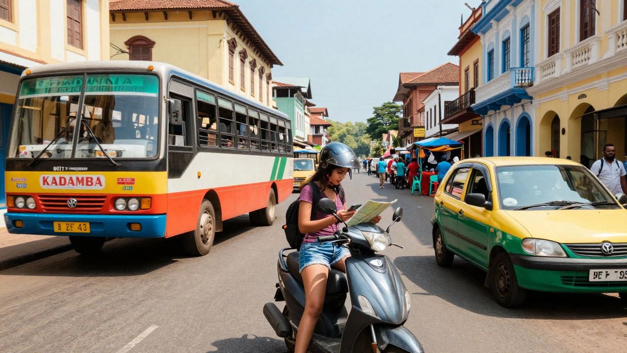 Woman with scooter near public bus and taxi on a colorful Goan street.