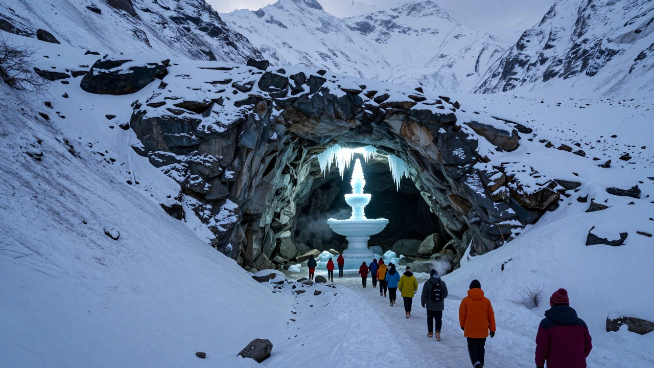 Amarnath Cave ice lingam in Himalayas with trekkers